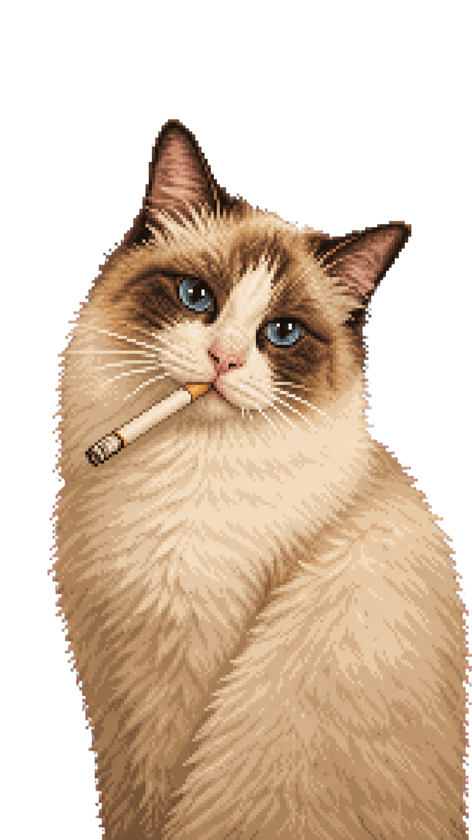 A detailed pixel-art blue-eyed cat holding a cigarette